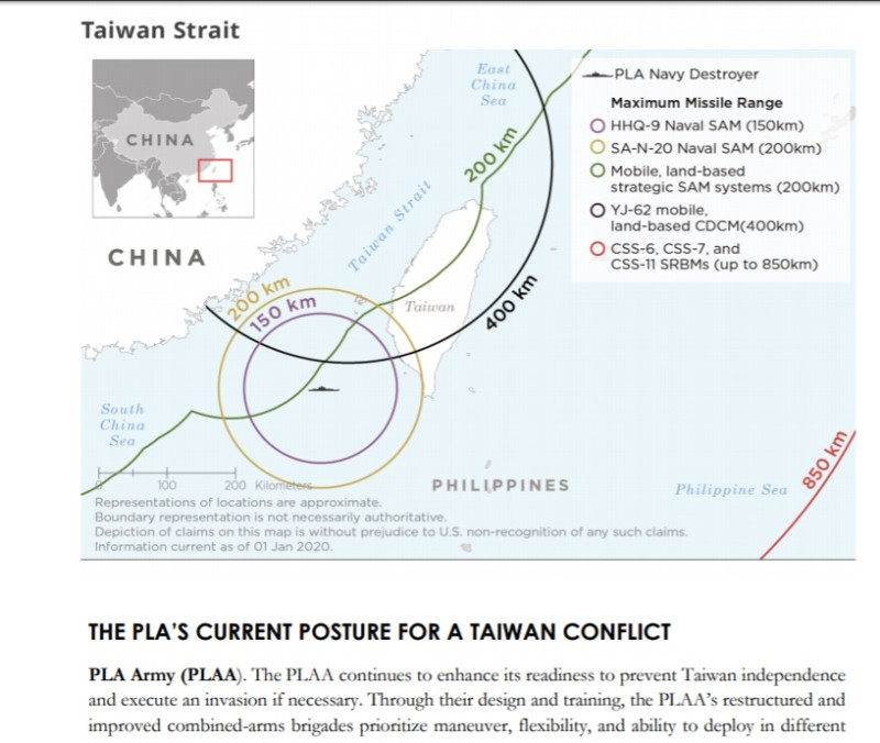 美國防部1日公布《2020年中國軍力報告》，列出中國在台灣海峽部署的飛彈軍力，指解放軍從未放棄以武力犯台。   圖：翻攝自美國防部
