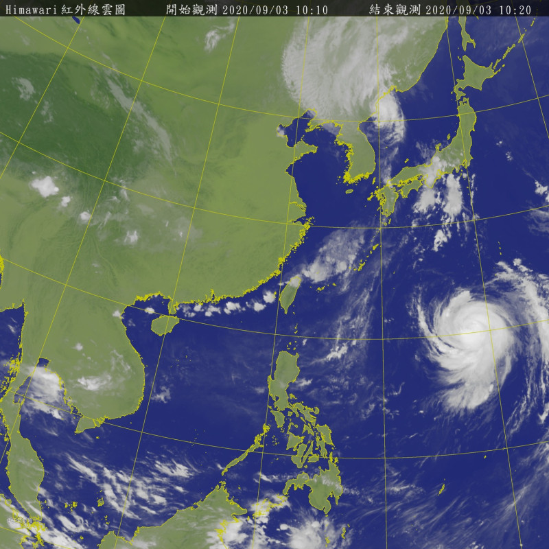 衛星雲圖上可見，位於台灣東南方的海神颱風結構日漸紮實，氣象局預測最快明晚就可達強颱下線。   圖：中央氣象局/提供