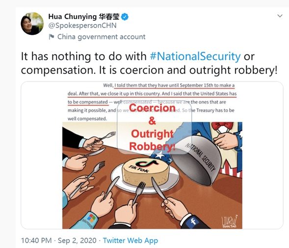 「這是脅迫和公然搶劫！」中國外交部發言人華春瑩昨 (2) 日深夜在社交媒體推特上寫，同時還配了一張漫畫圖。   圖 : 翻攝自華春瑩推特