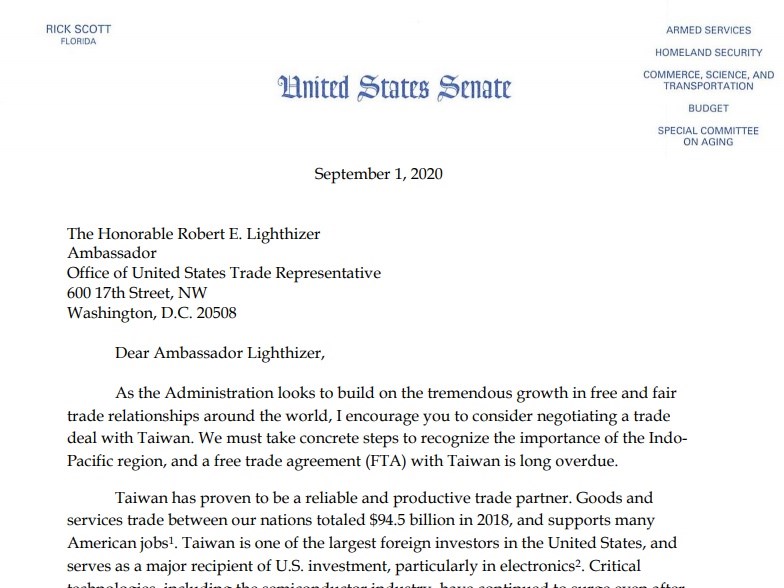美國參議員史考特日前致函美國貿易代表萊特海澤，呼籲與台灣就自由貿易協定展開協商。   圖：取自rickscott.senate.gov