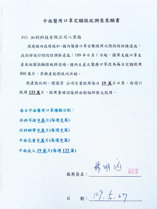 平面醫用口罩定額徵收調查意願書。   圖：取自中華民國經濟部網站。
