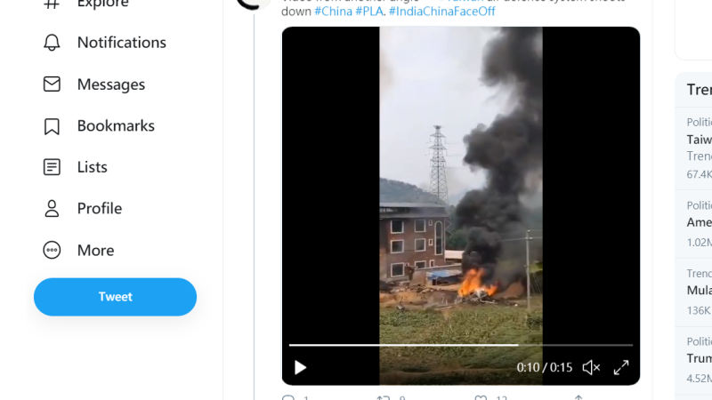 近日推特上流傳的影片指稱，台灣空軍擊落一架中國解放軍的SU-35戰鬥機，並墜落在廣西。   圖：擷取自推特Twitter