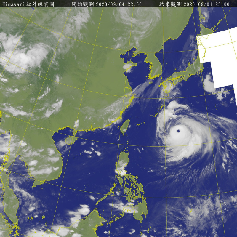 衛星雲圖上可見台灣東南方的強颱海神，颱風眼清晰可見，雲系結構紮實，還在持續增胖中。   圖：中央氣象局/提供