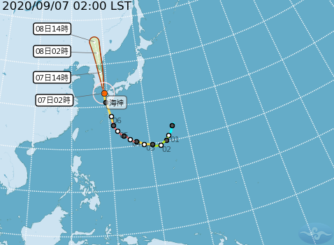 海神颱風改撲日韓，沒有對台灣造成重大影響，氣象局預測颱風今將登陸韓國。   圖：中央氣象局/ 提供