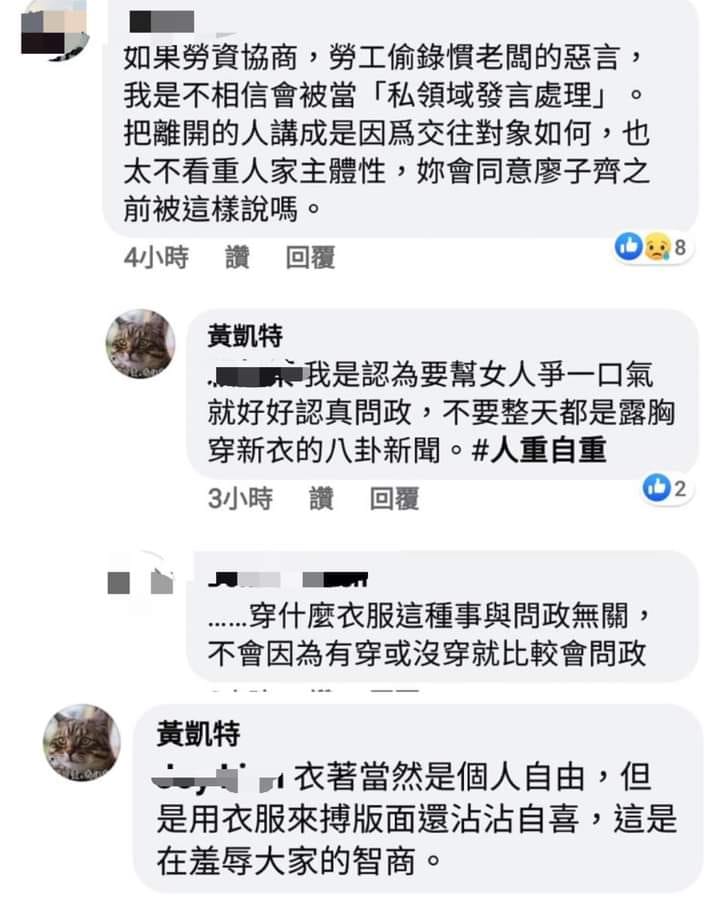 黃凱特在臉書抨擊賴品妤「拿衣服來搏版面」，要她好好問政，不要成天傳出露胸穿新衣的新聞。   圖：翻攝臉書