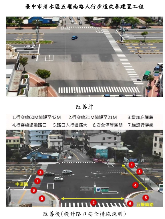 台中市清水區五權南路人行步道改善建置工程，獲選為道路改善優質示範案例。   圖：內政部提供