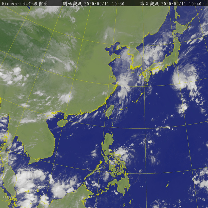 從衛星雲圖上可見，台灣上空有結構較鬆散的鋒面報到。   圖：中央氣象局/提供