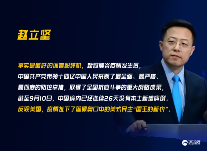 中國外交部發言人趙立堅抨擊新冠疫情已扯下美式民主「國王的新衣」。   圖 : 翻攝自環球網。