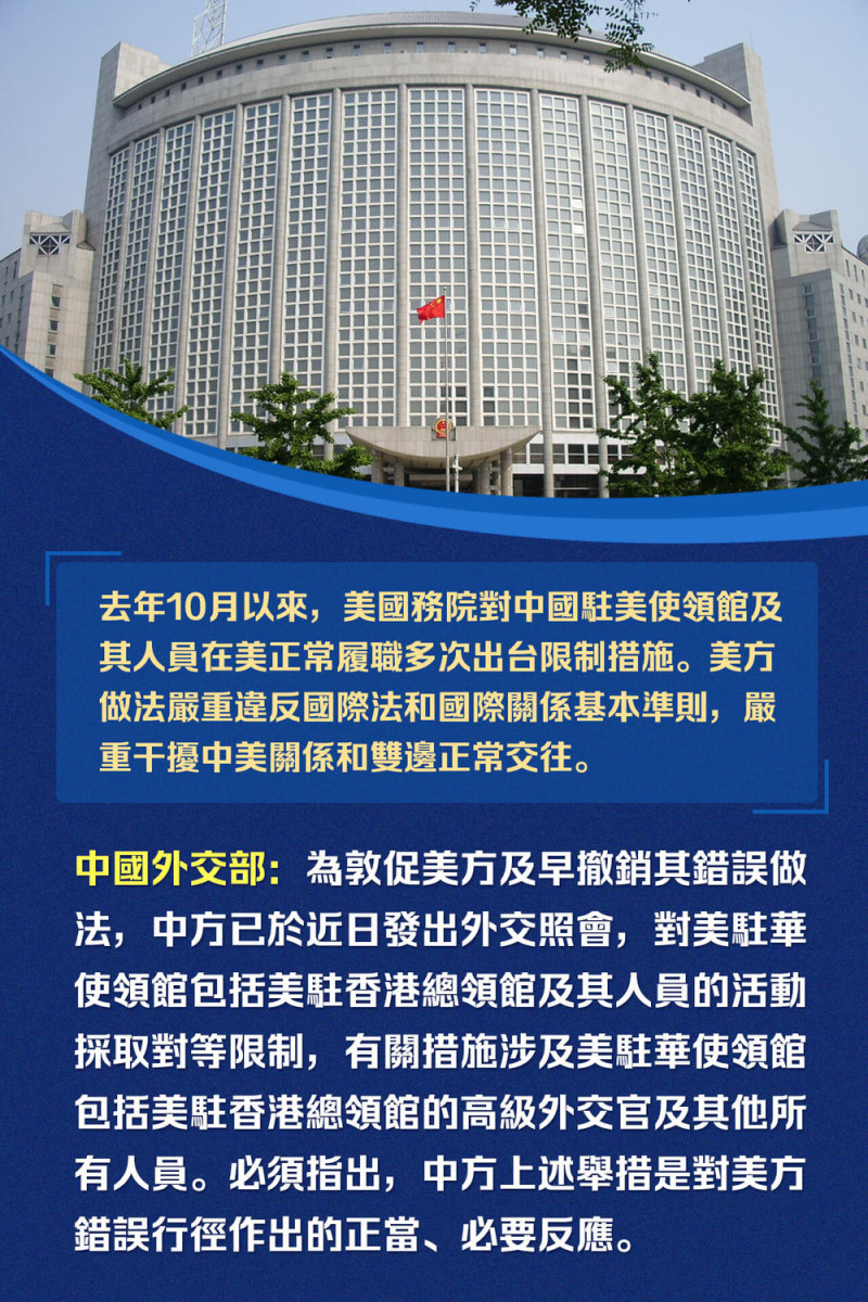 中國外交部對美國採取反制行動的聲明。   圖：截取自新華香港臉書