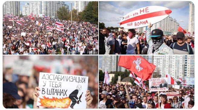 白俄羅斯抗議總統選舉涉及舞弊已經36天，至少10萬人13日湧入首都明斯克嗆聲總統下台。   圖：翻攝自Aa'Jangh Jahn-pha Wro推特