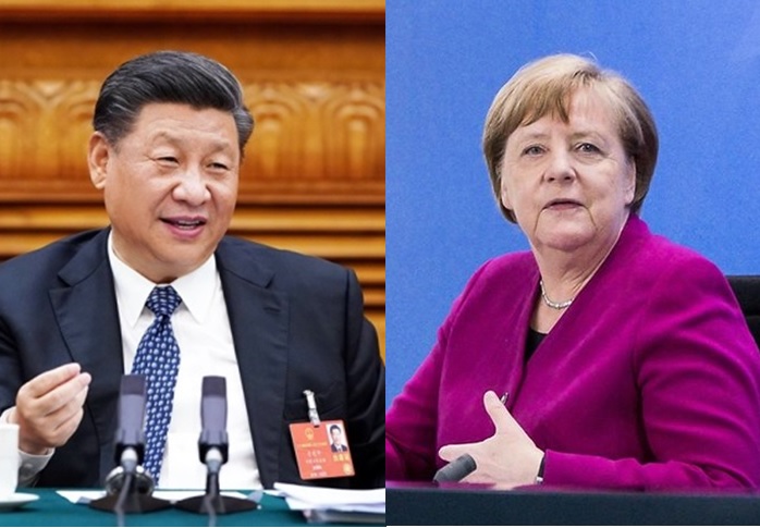 中國國家主席習近平（左）與歐盟輪值主席國德國總理梅克爾（右）等歐盟主要領導人日前舉行視訊會議。   圖：翻攝德國聯邦政府、新華社 (新頭殼合成)