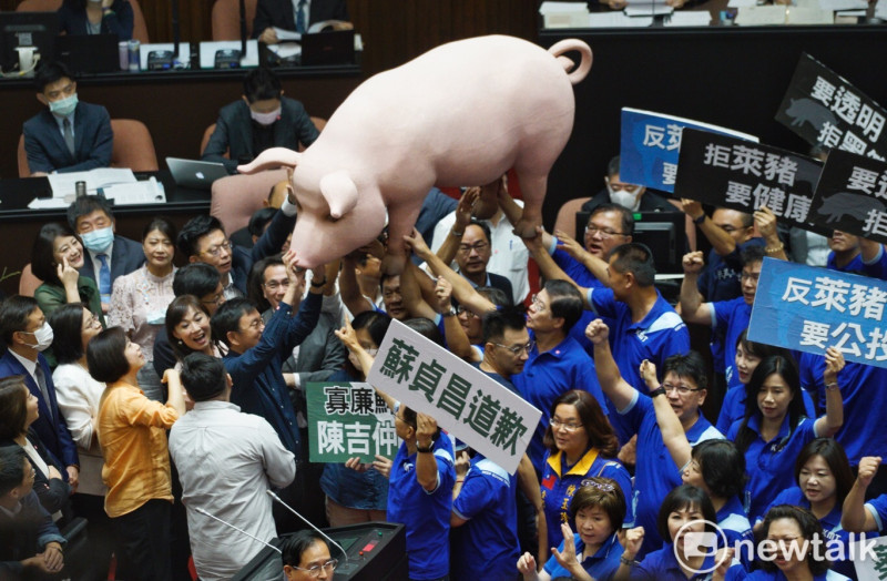 國民黨立委在立法院議場抗議美豬，扛起「台灣豬」道具要求在場的蘇貞昌道歉，但被民進黨立委以牆阻隔。   圖：張良一/攝