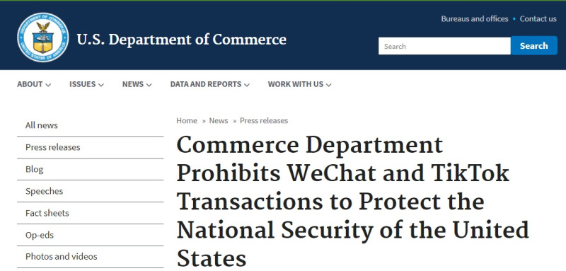 美國商務部長羅斯（Wilbur Ross）今天在官網發表聲明，指TikTok與WeChat這2款中國APP已構成國安威脅。   圖：翻攝自美國商務部官網