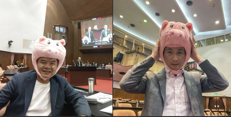 立委莊瑞雄（左）、立委鄭運鵬（右）頭戴豬頭的照片。   圖：截取自鄭運鵬臉書