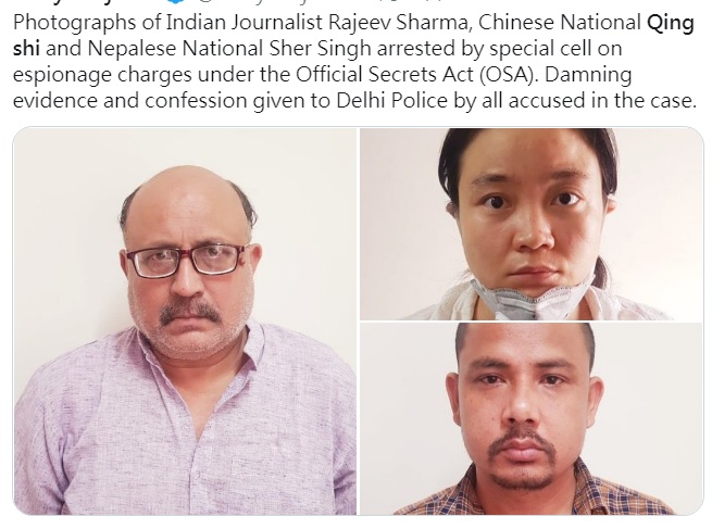 印度逮捕前《環球時報》撰文記者沙爾馬（左圖），指控他為中國提供軍事機密訊息，而中國女留學生石青（右圖上）、尼泊爾人辛格也在稍後就逮。   圖：翻攝自印度記者Adytia推特