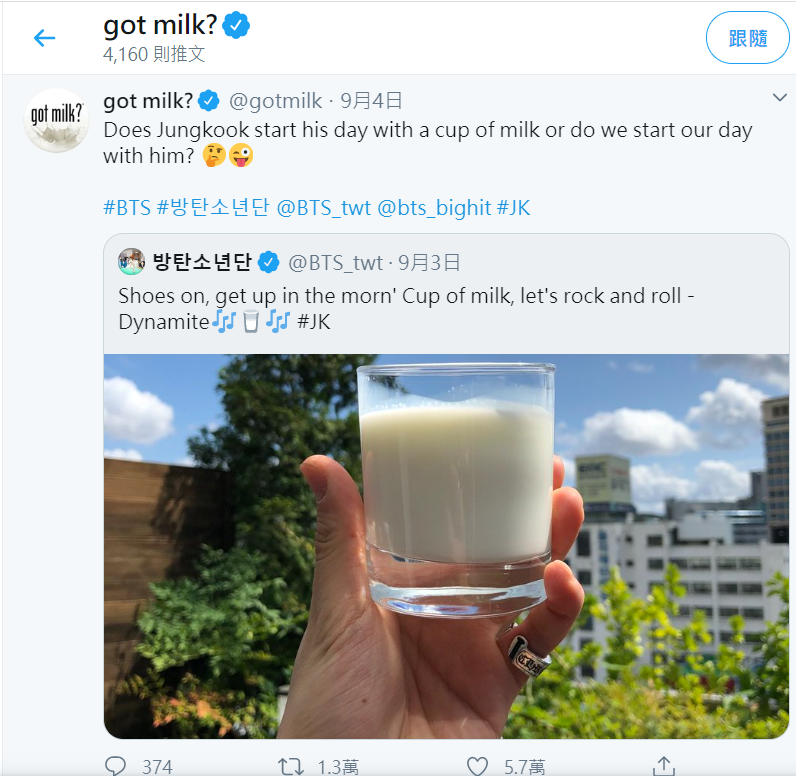 「got milk?｣轉發柾國的貼文，藉此宣傳促進飲用牛奶。   圖：截圖自got milk?推特