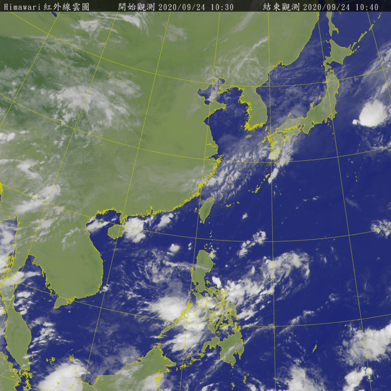 從衛星雲圖上可見，台灣上空附近的雲系仍是頗多。   圖：中央氣象局/提供