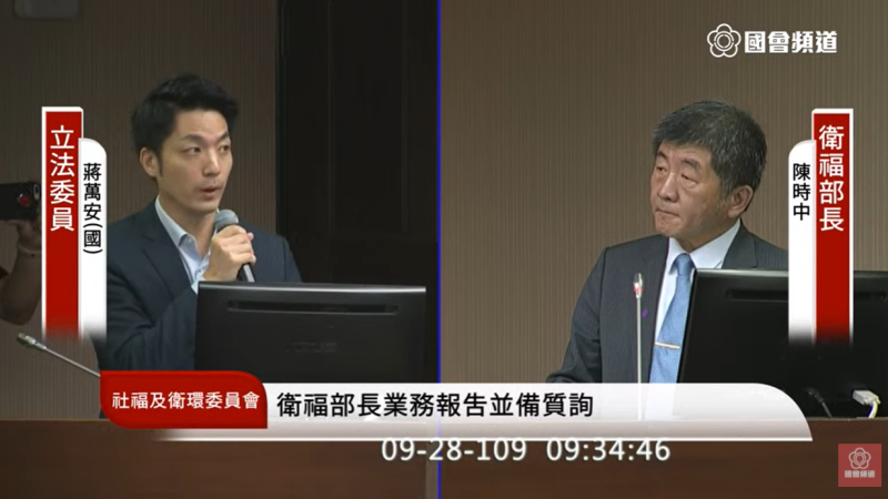 立法委員蔣萬安在國會質詢衛福部長陳時中。 圖：擷取自立法院直播