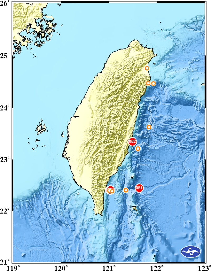 台東29日清晨連續3起地震，都發生在台東東南部海域，間隔時間不超過2小時，目前無災情傳出。   