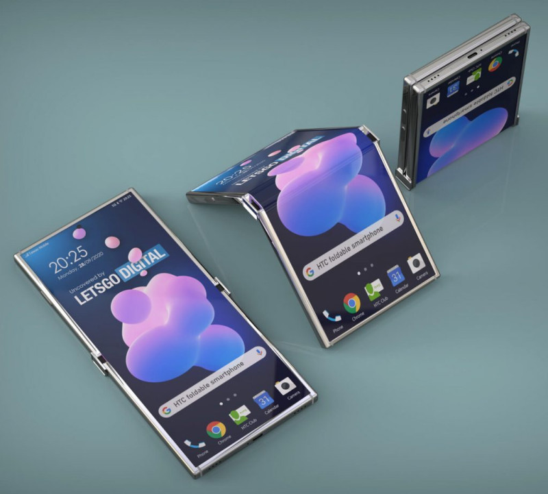 HTC向美國遞交的摺疊螢幕專利申請近期通過審核，圖為荷蘭媒體想像中的HTC摺疊機。   圖：取自荷蘭科技網站《LetsGoDigital》