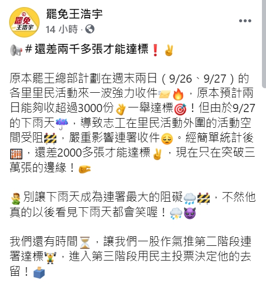 「罷免王浩宇」臉書呼籲民眾踴躍連署。   圖 : 翻攝自「罷免王浩宇」臉書