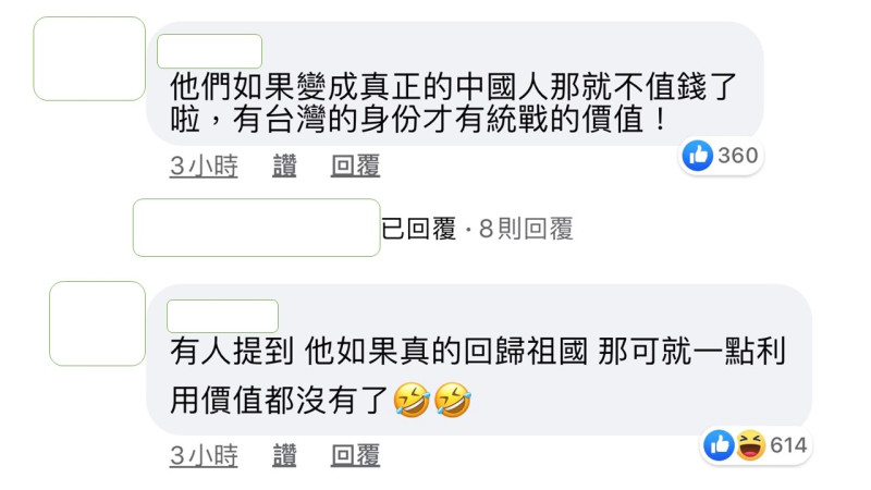 網友立刻點破，正因為她是台灣藝人，所以才有統戰的價值。   圖：翻攝臉書粉絲專頁