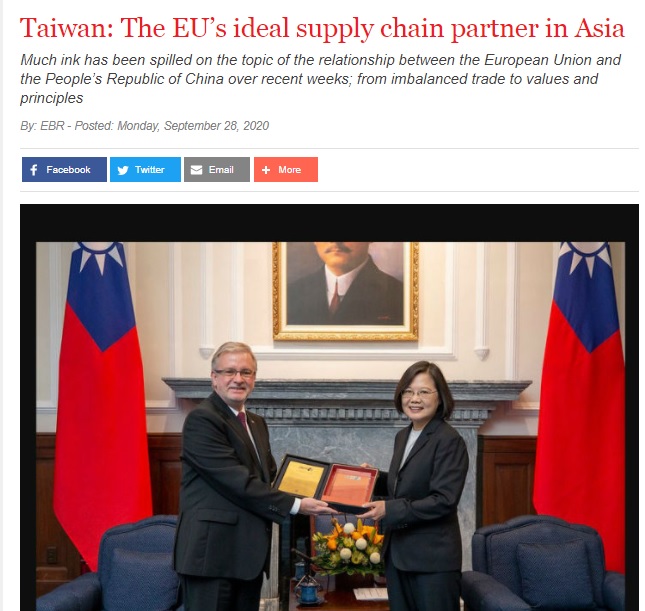 駐歐盟兼駐比利時代表蔡明彥近日以「台灣是歐盟在亞洲理想供應鏈合作夥伴」為標題，投書歐洲商業評論（European Business Review）網站。   圖：翻攝European Business Review網站