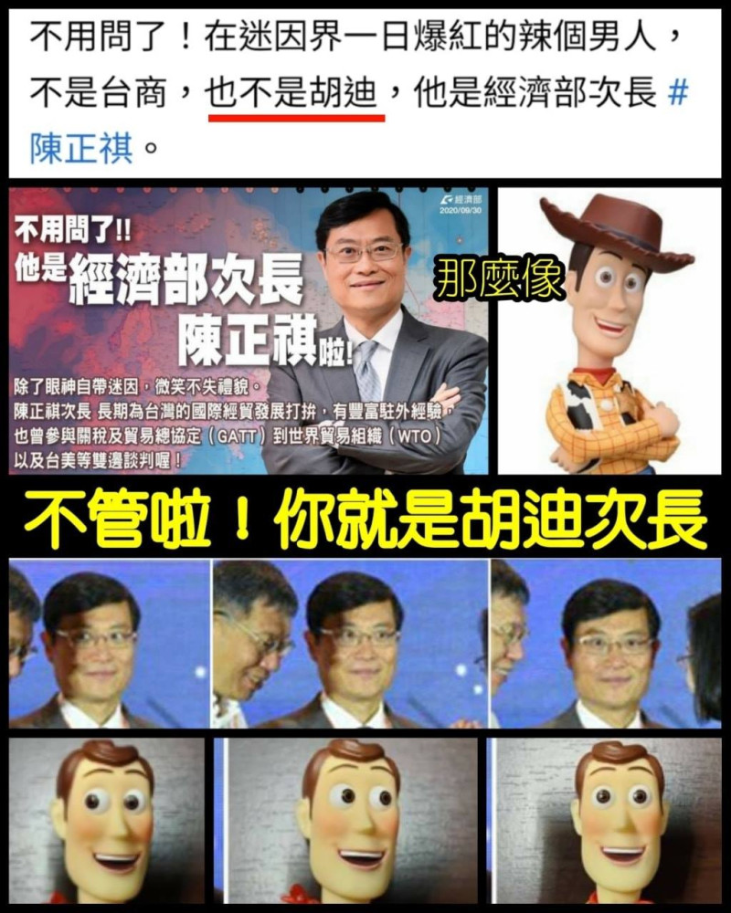 經濟部次長陳正棋的迷因圖日前在網路上被瘋傳，許多網友紛紛驚嘆，「長得好像玩具總動員主角胡迪！」   圖：翻攝自只是堵藍臉書