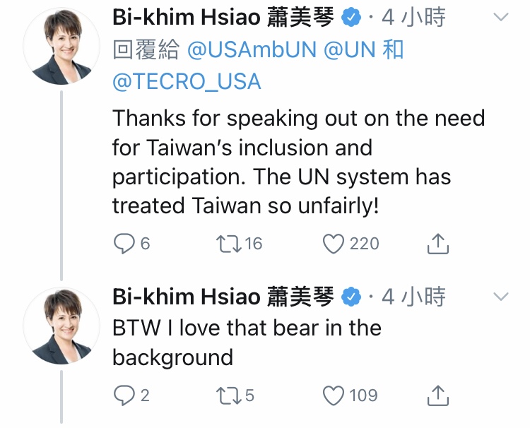 駐美大使蕭美琴回應美駐聯大使克拉夫特的貼文，逗趣的說「我喜歡背景的黑熊」，讓代表台灣的黑熊玩偶成為亮點。   圖/擷自蕭美琴推特。
