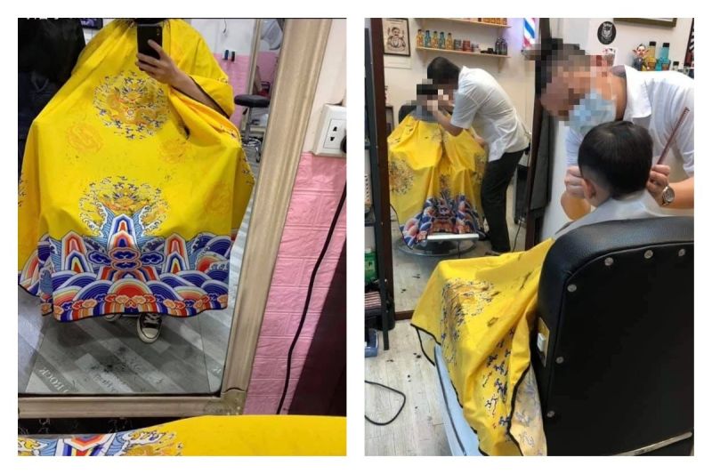網友分享剪髮的照片，黃袍圍巾超吸睛，讓大家笑翻。   圖／翻攝自《爆廢公社》臉書
