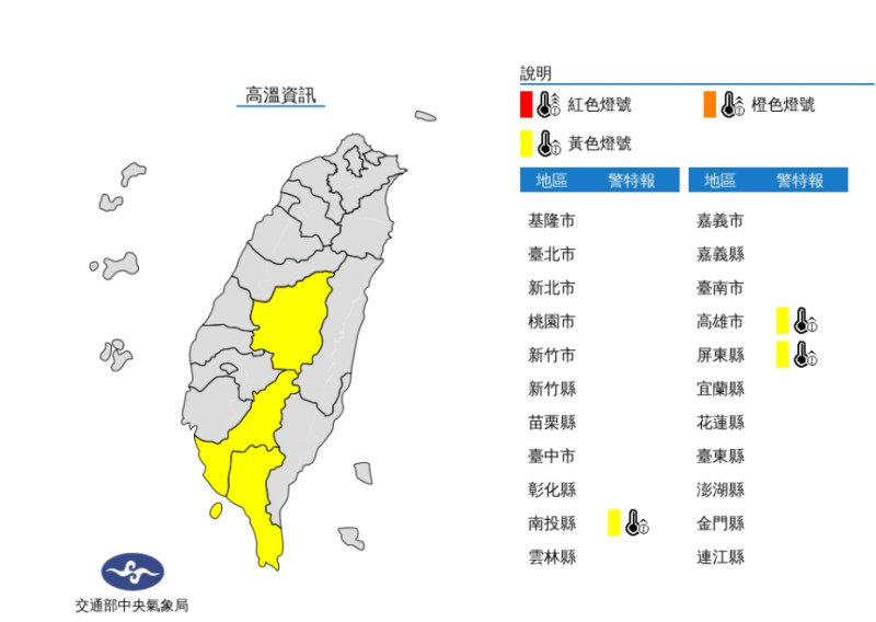 氣象局針對南投縣、高雄市、屏東縣發布高溫資訊，中午前後為黃色燈號。   