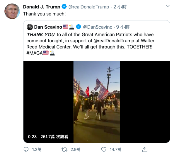 白宮社群媒體公關主任史卡比諾（Dan Scavino）則在推特發出影片，有大批川普支持者聚集在沃爾特里德國家軍事醫療中心外，替川普加油打氣。   圖：取自Dan Scavino推特