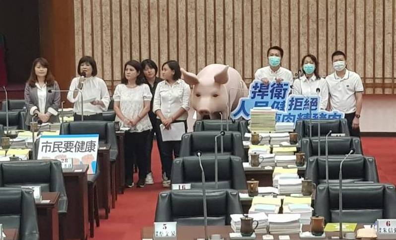 國民黨團抬出一隻豬模型對陳其邁質詢。   圖：高市議會國民黨團/提供