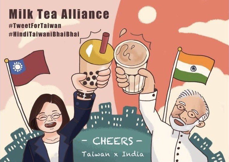 印度網友紛紛透過推特祝賀台灣國慶日快樂，並轉發「奶茶聯盟」的圖，引起外界關注。   圖：翻攝自推特