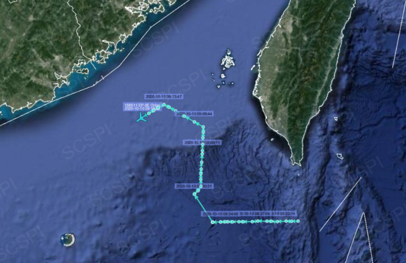 上午8點20分左右一架美國海軍EP-3E電子偵察機通過巴士海峽進入南海，9點左右在臺灣西南空域飛行一段距離後，轉向飛往廣東海岸附近。   圖 : 翻攝自南海戰略態勢感知計畫平臺