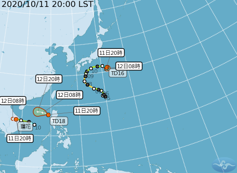 中央氣象局目前預測，輕颱蓮花及兩個熱帶性低氣壓TD16、TD18，目前未來路徑都不會直接影響台灣。   圖：中央氣象局/提供