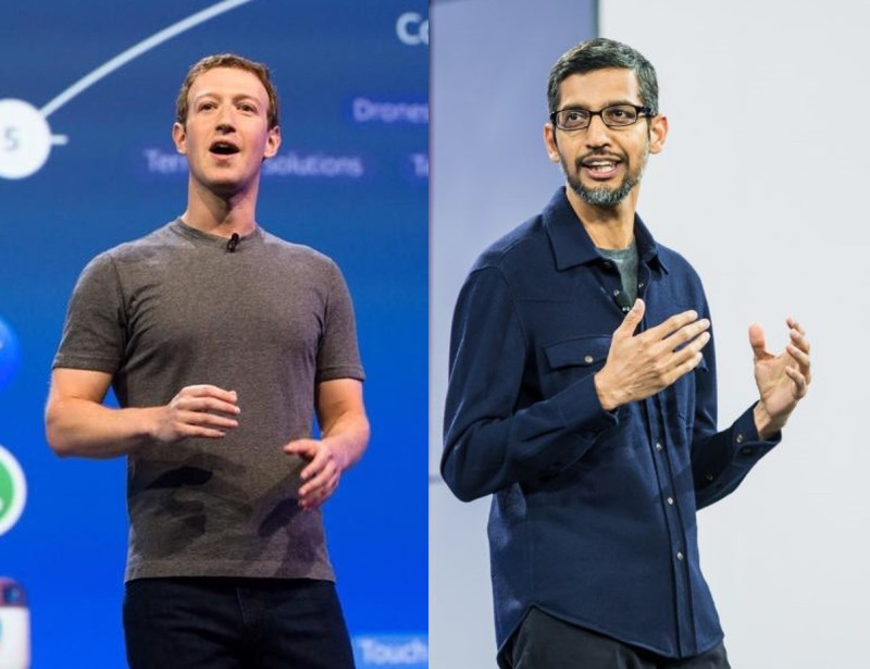 澳洲新法案要求Google和臉書等社群平台為取用新聞向媒體業者付費，圖為（左）臉書創辦人與（右）Google執行長。   圖：新頭殼合成