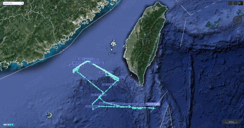 美國13日晚間派出EP-3E電偵機到台灣西南空域附近，以四邊形的路徑繞圈，長達6小時。   圖/SCSPI推特