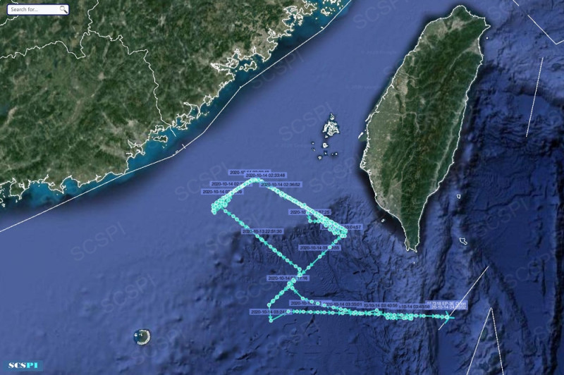 「南海戰略態勢感知計畫」表示，1美軍編號「AE1D91」的EP-3E電偵機在台灣西南空域繞行巡戈6小時。   圖片來源：取自SCSPI推特