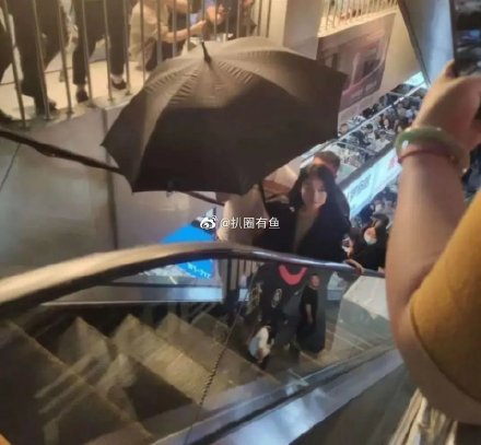 工作人員撐黑傘替趙麗穎遮擋群眾。   圖：翻攝自扒圈有魚微博