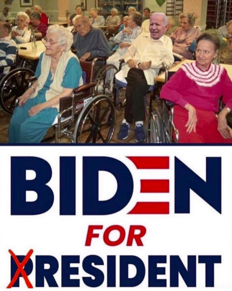 美國總統川普14日在推特上發布了一張圖片，可以看見圖片上輪椅老人群聚，對手拜登則被合成在其中。   圖：翻攝自川普推特