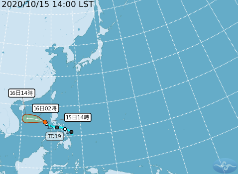 位在非路斌東方海面的熱帶擾動TD19，預計今晚有生成颱風的可能。   圖：中央氣象局/提供