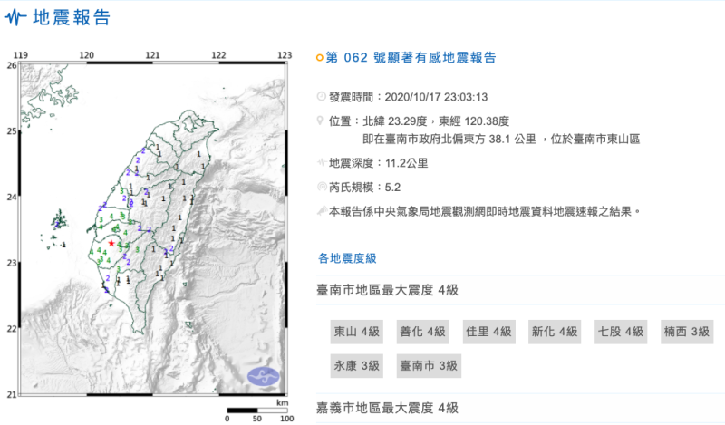 根據中央氣象局最新資訊，17日晚間 11時3分發生芮氏規模5.2地震，地震深度11.2公里。   圖：取自中央氣象局