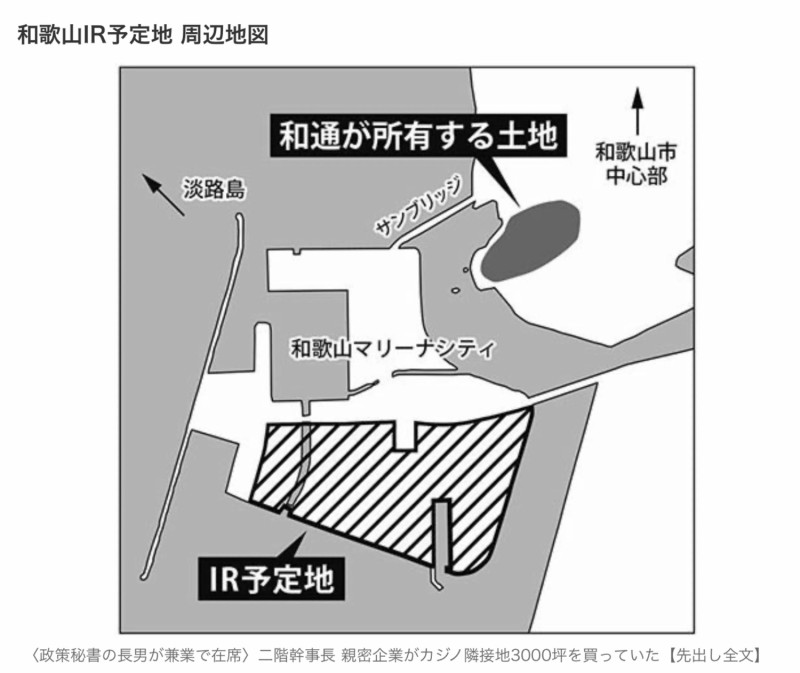 週刊文春報導指出，二階家族相關企業和通買下賭場預定地3000坪，未來預定可以上漲10倍以上。 圖：翻拍自週刊文春