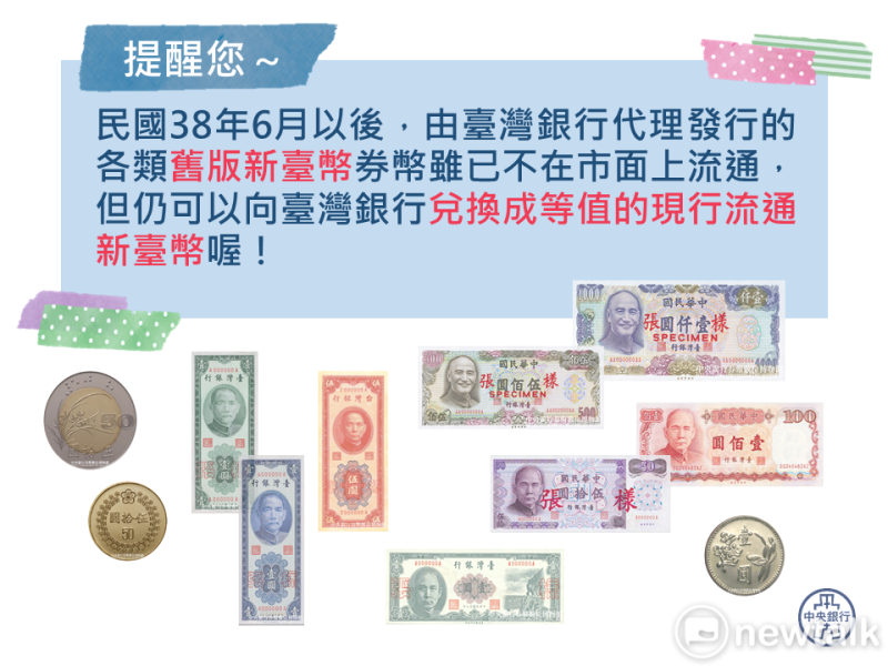 台幣過去歷經過多次改版，央行表示舊幣仍兌換現行流通券幣。   圖：翻攝自中央銀行臉書粉絲專頁