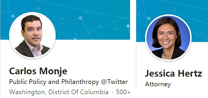 推特公共政策前總監蒙耶（左圖）與臉書前高級主管赫茲（右圖）被爆，都在辭職後隨即加入拜登團隊，引發爭議。   圖：翻攝自LinkedIn/ 新頭殼合成