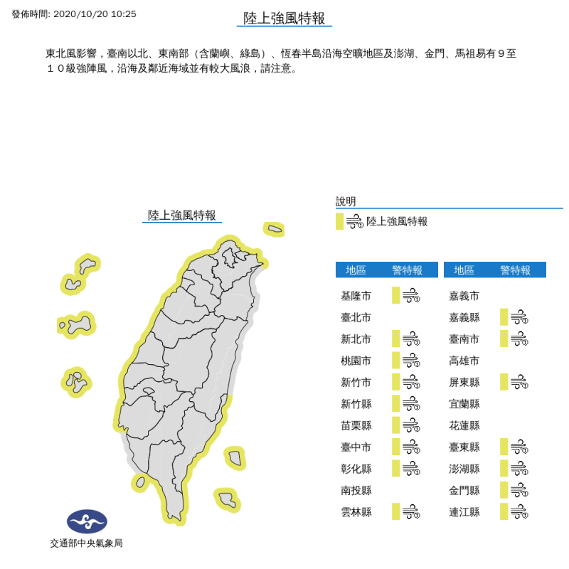 氣象局今天上午10點25分針對全台16縣市發佈路上強風特報。   圖：中央氣象局/提供