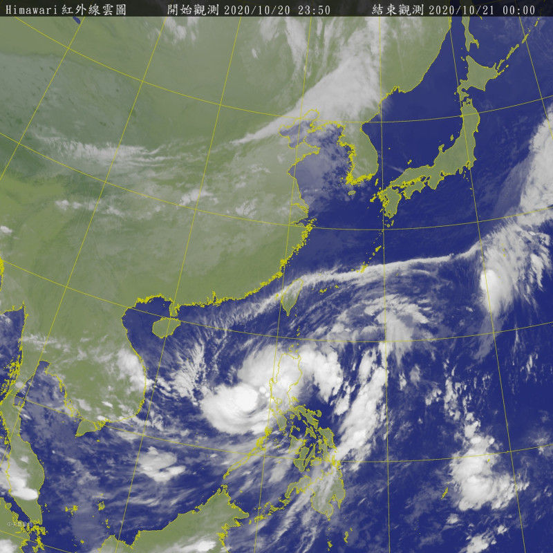 從衛星雲圖上可見，位於台灣東南方海面上的17號颱風沙德爾，外圍環流及東北風影響將台灣，為北部、東北部增加水氣。   圖：中央氣象局/提供
