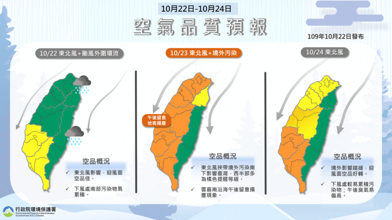 入秋首波霾害預計23日影響台灣   圖：行政院環境保護署提供