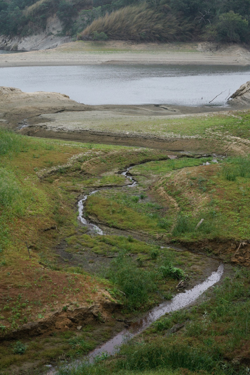 苗栗地區雨量少，只剩下細水涓涓緩緩流進明德水庫，水情嚴峻可見一斑，水利單位呼籲民眾應節約用水共體時艱。   圖：張良一/攝